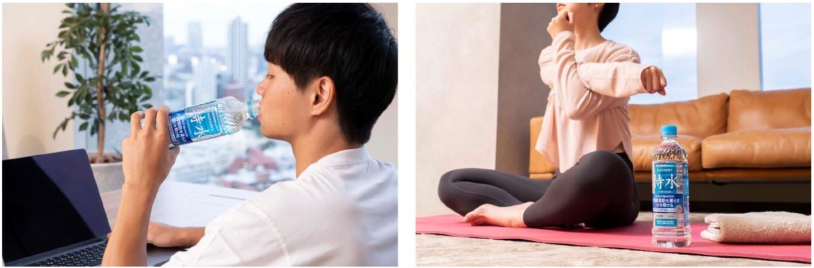 일상에서 토쿠스이를 마시는 남성과 가벼운 운동을 하는 여성